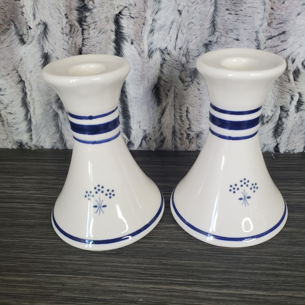 White & Blue Ceramic Candlestick Holder Pair 4.75'' - Country Flower Bouquet